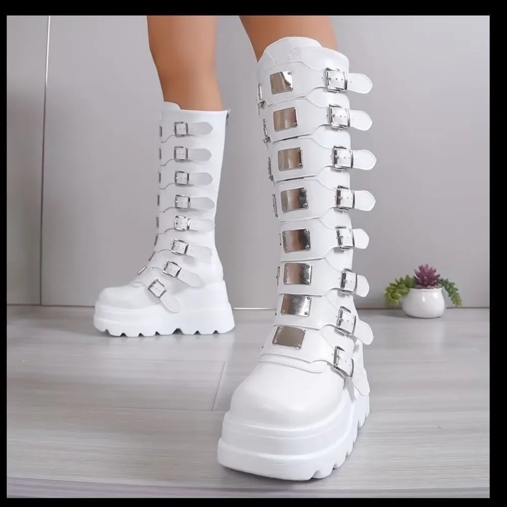 MISSLOOK White Over the Knee Buckle Boots
